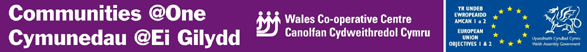 Logos Cymunedau @Ei Gilydd, Canolfan Cydweithredol Cymru a Llywodraeth Cynulliad Cymru / Yr Undeb Ewropiaidd