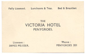 The Victoria Hotel's business card c. 1950.