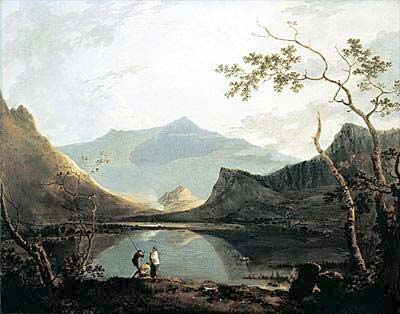 The famous picture of Dyffryn Nantlle painted by Richard Wilson, showing Llyn Baladeulyn between Craig y Bera and Y Garn with Snowdon in the background